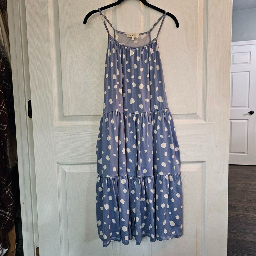 Women's Perfect Peach Blue White Polka Dot Tiered Dress XL